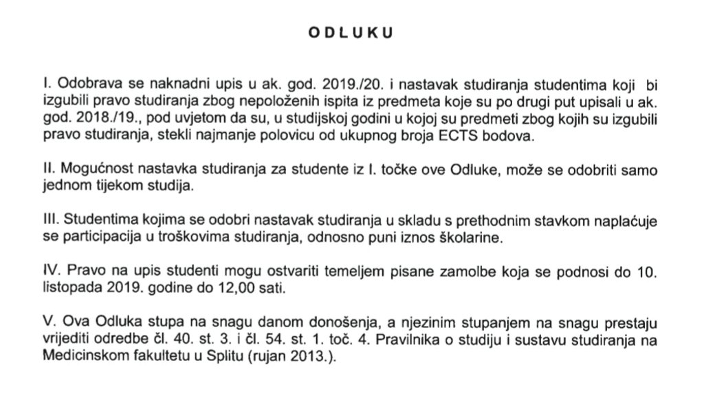Odluka o naknadnom upisu u akademsku godinu 2019./2020.